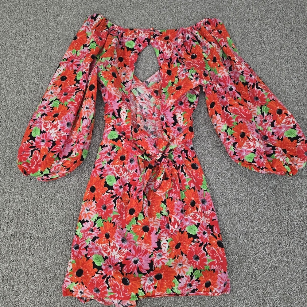 ASOS Design Red Mini Dress 6 Puff Sleeve Open Back Ruffle Hem Party - Picture 8 of 10